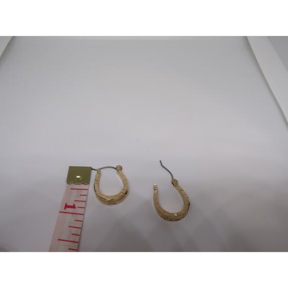 Gold Tone Etched Earrings Dangly Hoop Boho Cottagecore Oval Hinge 3/4" Minimal - Picture 5 of 5